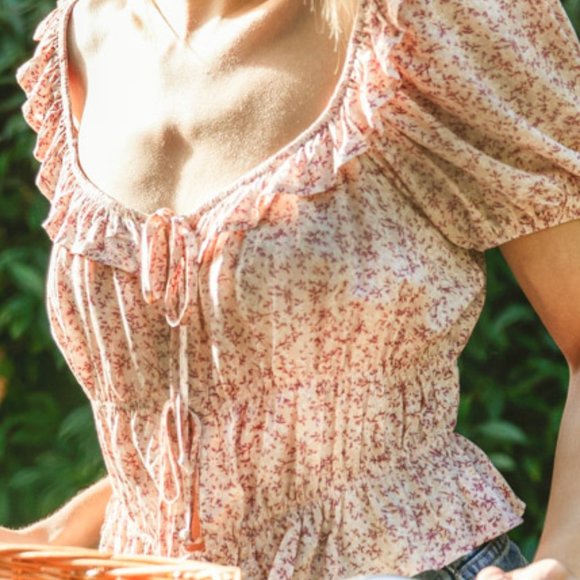 NEW BOHO PINK FLORAL RUFFLE WIDE NECK TOP - Picture 6 of 6